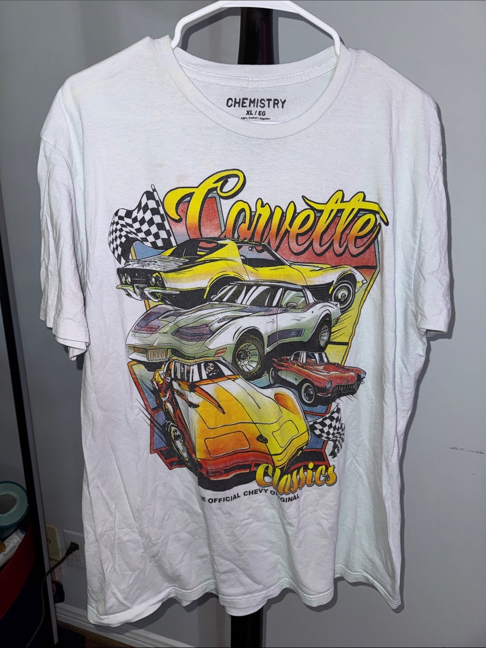 Chemistry White Corvette Classics Graphic Tee with Yellow and Red Artwork 32.T